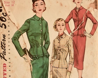 RARE Simplicity 1715 Sewing Pattern Vintage 1950s Two Piece Suit Dress Hip Length Jacket Buttoned Band Detail Slim Skirt with Pleat Bust 32