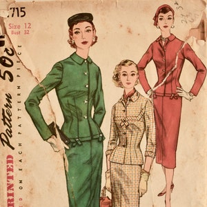 RARE Simplicidad 1715 costura patrón Vintage 1950s dos piezas traje vestido cadera longitud chaqueta abotonado banda detalle falda delgada con busto de pliegue 32