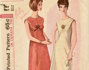 Simplicity 5920 Vintage 1960s Sewing Pattern Collarless and Sleeveless One Piece Dress A-Line Shaped Inset Bow Trim Bust 32
