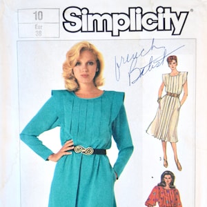 Simplicity 7223 Sewing Pattern Vintage 1980s Dress Pleated Front Bodice Shoulder Flange Elastic Waist Uncut Factory Folds Size 10