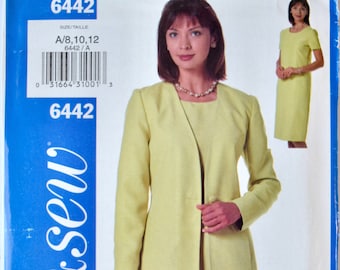 See and Sew 6442 Sewing Pattern Misses' Lined Collarless Jacket Straight Dress UNCUT FF Sizes 8-10-12