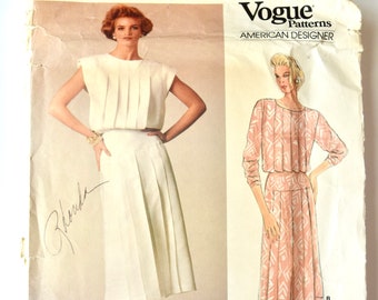 Kasper Vogue 1544 American Designer Sewing Pattern Vintage 1980s Dress - Loose- Fitting Pleated Blouson Pleated Skirt- UNCUT Size 10