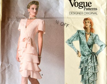 Bellville Sassoon Vogue 1891 Designer Original Sewing Pattern Vintage 1980s Dress Dropped Waist Wrap Front Layered Flounces Size 10