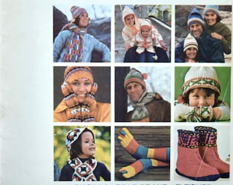 Winter Scene Vintage 1970s Knitting Crochet Booklet Magazine Women's Men's Children's Patterns Hats Scarves Socks Booties