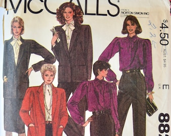 McCalls 8823 Sewing Pattern Vintage 1980s Misses' Notched Collar Jacket Pussy Bow Blouse Pleated Pants Straight Skirt Partially Cut Size 10