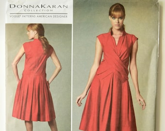 Donna Karan Collection Sewing Vogue Pattern V1219 Misses' Mock Wrap Front Pleated Dress UNCUT Factory Folds Sizes 14-16-18-20
