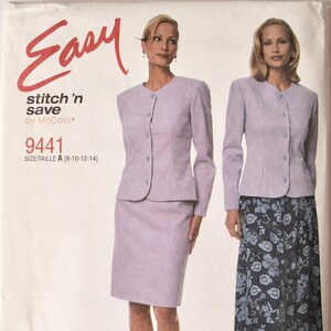 McCalls 9441 Easy Sewing Pattern Unlined Jacket and Skirts in Two Lengths Straight Skirt Flared Skirt 1990s UNCUT Factory Folds Sizes 8-14