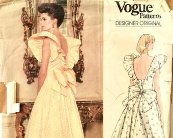 Bellville Sassoon Vogue Designer Original 1355 Vintage 1980's Sewing Pattern Misses' Evening Dress Big Ruffle Size 12 Bust 34