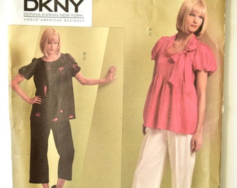 DKNY Donna Karan New York Vogue V1111 Sewing Pattern Misses' Puff Sleeve Tunic Pleated Pants UNCUT Factory Folds Sizes 6-8-10-12