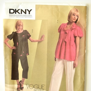 DKNY Donna Karan New York Vogue V1111 Sewing Pattern Misses&#39; Puff Sleeve Tunic Pleated Pants UNCUT Factory Folds Sizes 6-8-10-12