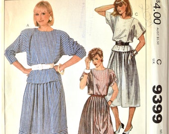 McCalls 9399 Sewing Pattern Vintage 1980s Misses' Top and Skirt - Loose Fitting Buttoned Back Dolman Sleeves Pleated Skirt - UNCUT Size 10