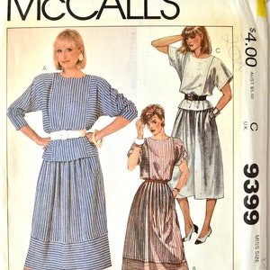 McCalls 9399 Sewing Pattern Vintage 1980s Misses&#39; Top and Skirt - Loose Fitting Buttoned Back Dolman Sleeves Pleated Skirt - UNCUT Size 10