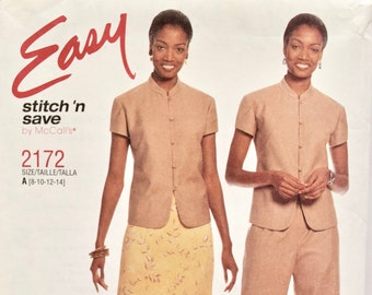 McCalls Stitch 'n Save 2172 Easy Sewing Pattern 1990s Misses' Stand Collar Top Pull On Pants Bias Skirt UNCUT Factory Folds Sizes 8-14