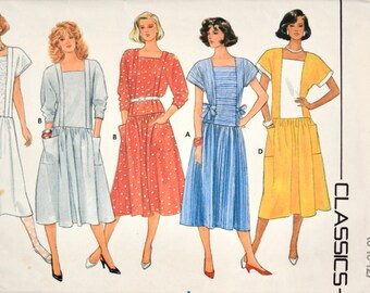 Butterick 3222 Vintage 1980s Sewing Pattern Loose Fitting Pullover Dress Dropped Waist Dirndl Skirt Flanges UNCUT Factory Folds Size 8-10-12