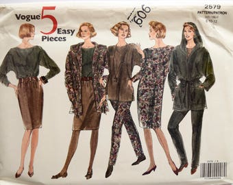 Vogue 2579 Sewing Pattern Vintage 1990s Anorak Jacket Pullover Dress Top Skirt Pants Vogue 5 EASY Pieces Very Easy UNCUT FF Sizes 8-10-12