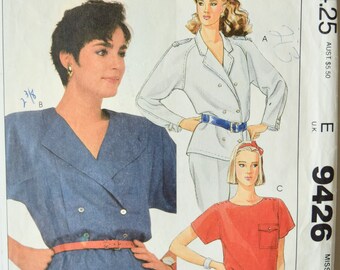 Jones New York McCalls 9426 Sewing Pattern Vintage 1980's Tops Double Breasted Notched Collar Two Piece Raglan Sleeves Epaulets Size 10