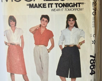 McCalls 7864 Sewing Pattern Vintage 1980s Skirt Pants and Culottes Side Seam Pockets "Make it tonight, wear it tomorrow" Size 12-14-16