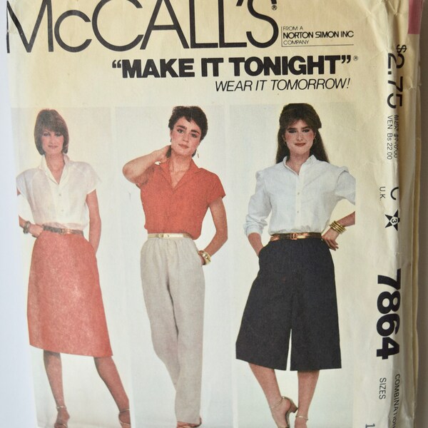 McCalls 7864 Sewing Pattern Vintage 1980s Skirt Pants and Culottes Side Seam Pockets "Make it tonight, wear it tomorrow" Size 12-14-16