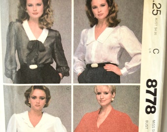 McCalls 8778 Sewing Pattern Vintage 1980s Blouses and Tie Buttoned Front V-Neck Collar variations Size 10 Bust 32.5"