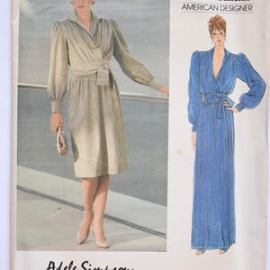 Adele Simpson Vogue 1306 American Designer Sewing Pattern 1980s Loose-Fitting Wrap Dress Two Lengths Waistband UNCUT Factory Folds Size 10 image 2