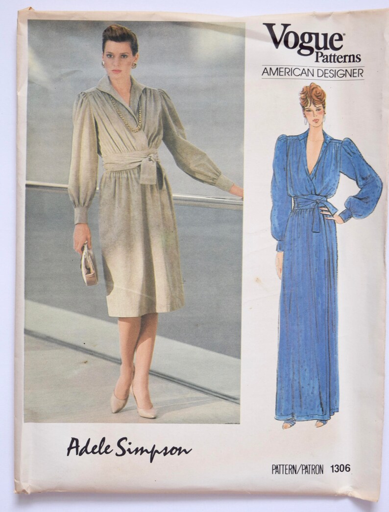 Adele Simpson Vogue 1306 American Designer Sewing Pattern 1980s Loose-Fitting Wrap Dress Two Lengths Waistband UNCUT Factory Folds Size 10 image 2