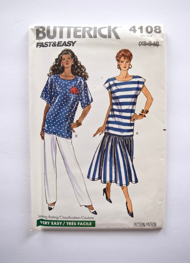 Butterick 4108 Vintage 1980's Sewing Pattern Misses' Loose Fitting Pullover Top Pattern Dirndl Skirt Tapered Pants 80s Style Sz XS-S-M UNCUT image 2