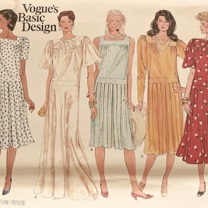 Vogue 1378 Sewing Pattern Vintage 1980s Dress Mid-Calf or Evening Length Dropped Waist Sleeve Variations Vogue&#39;s Basic Design Uncut FF Sz 10