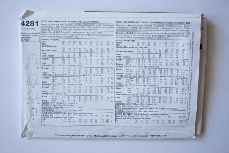 Simplicity 4281 Sewing Pattern Misses' Lined Jacket or Vest with Length and Collar Variations UNCUT Factory Folds Sizes 6-8-10-12-14 image 3