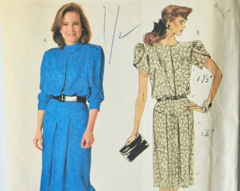 McCalls 3240 Sewing Pattern Vintage 1980s Misses' Dress Front Pleats Blouson Bodice Tulip Sleeves Stand Collar Size 8-10-12