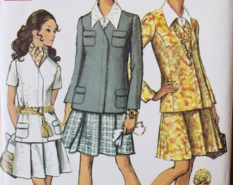 1960's Simplicity 8094 Vintage Sewing Pattern Skirt Suit Set Blouse Pleated Skirt and Hidden Snap Front Jacket Bust 31.5 UNCUT Factory Fold