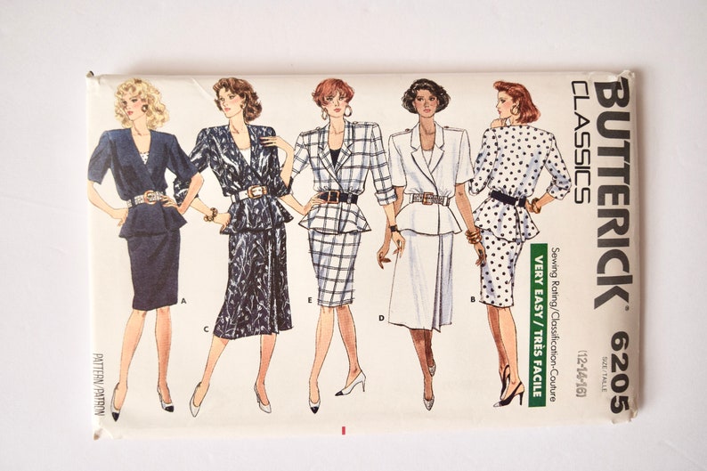 Butterick 6205 Sewing Pattern Vintage 1980s Loose Fitting Blouson Wrap Top Peplum Epaulets Two Skirts UNCUT Factory Folds Size 12-14-16 image 2