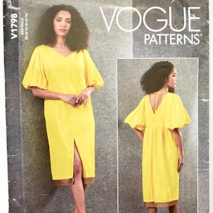 May include: Vogue Patterns sewing pattern featuring a yellow dress with a V-neck, short sleeves, and a front slit. The pattern includes a second image of the dress. The designer is Rachel Comey.