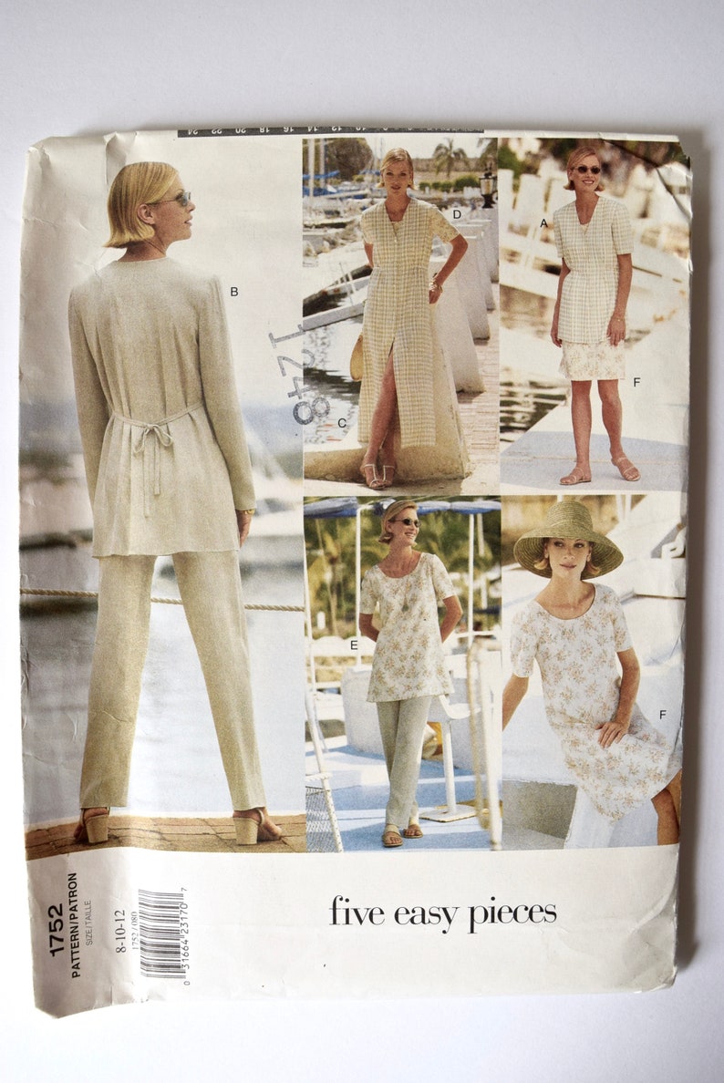 Vogue 1752 / Sewing Pattern 1990s Five Easy Pieces Misses' Jacket Button Front Jumper Pullover Dress Tapered Pants UNCUT FF Sizes 8-10-12 image 2