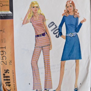 May include: Vintage McCall's sewing pattern for a dress or top and pants. The pattern is for misses and juniors and is designed for knit fabrics. The pattern number is 2591 and the price is 75 cents. The pattern is labeled "time-saver Quickie" and "maker tested".