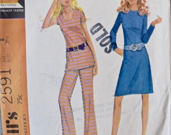 1970's McCall's 2591 Vintage Sewing Pattern Knit Jersey Top Dress and Pants Size 8 Bust 31.5"