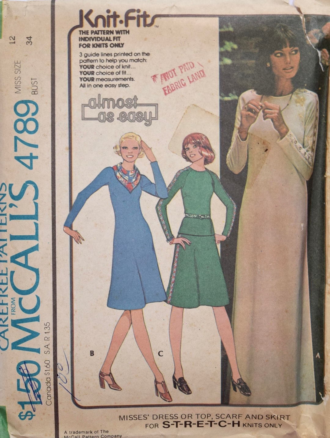 1970s Mccall's 4789 Sewing Pattern: Knit Dress, Top, Scarf - Bust 34 ...