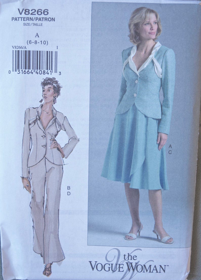 The Vogue Woman Easy Sewing Pattern Vogue 8266 Misses' Fitted Jacket, Wrap Skirt, and Pants UNCUT Factory Folds Sizes 6-8-10 image 1