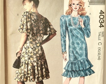 McCalls 4034 Sewing Pattern Vintage 1980s Dress Pattern Double Tiered Ruffle Flounce Pleated Cap Sleeves  Size 10, 12, 14