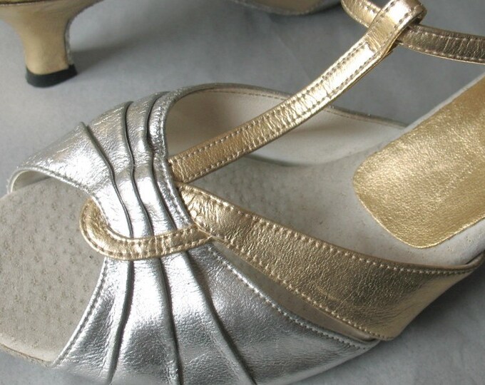 Vintage Tstrap Dance Shoes gold and Silver Metallic Leather With New
