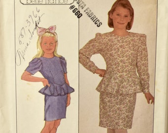 Simplicity 9827 Vintage 1980s Sewing Pattern Girl's Dress with Peplum and Straight Skirt Belle France Girl's Size 10