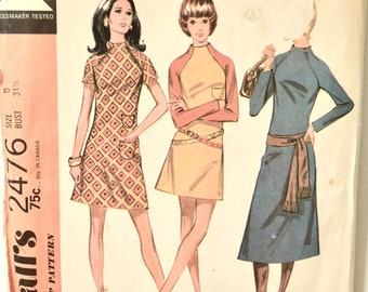 McCall's 2476 Vintage 1970s Sewing Pattern Knit Dress Misses and Juniors Raglan Sleeve Mini Dress Size 8 Bust 31.5