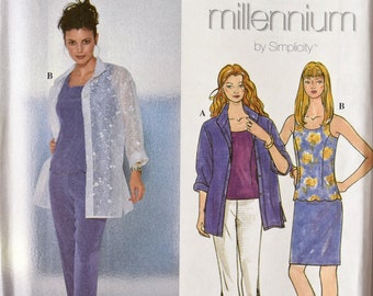 Simplicity 8685 Sewing Pattern 1990s Top, Sheer Shirt, Slim Skirt and Capri Pants Loose Fitting UNCUT Factory Folds Sz 12-14-16 Millennium