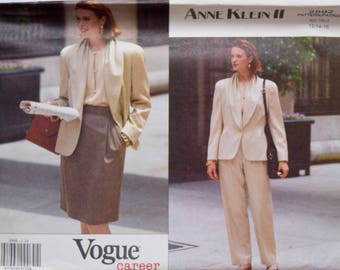 Vogue 2592 Anne Klein II Vintage 1990's Sewing Pattern Misses' Jacket Tapered Skirt Pants Mock Fly Zipper Vogue Career UNCUT Sz 12-14-16