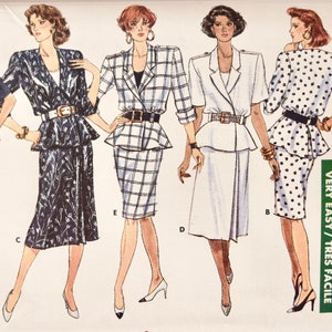 May include: A sewing pattern for a skirt and jacket set. The pattern includes four different styles: a black skirt and jacket, a black and white floral skirt and jacket, a plaid skirt and jacket, and a white polka dot skirt and jacket. The pattern is labeled "Butterick 6205 Classics" and includes the size range 12-14-16.