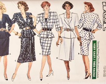 Butterick 6205 Sewing Pattern Vintage 1980s Loose Fitting Blouson Wrap Top Peplum Epaulets Two Skirts UNCUT Factory Folds Size 12-14-16
