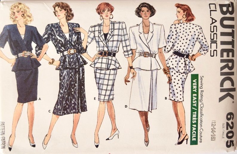 Butterick 6205 Sewing Pattern Vintage 1980s Loose Fitting Blouson Wrap Top Peplum Epaulets Two Skirts UNCUT Factory Folds Size 12-14-16 image 1