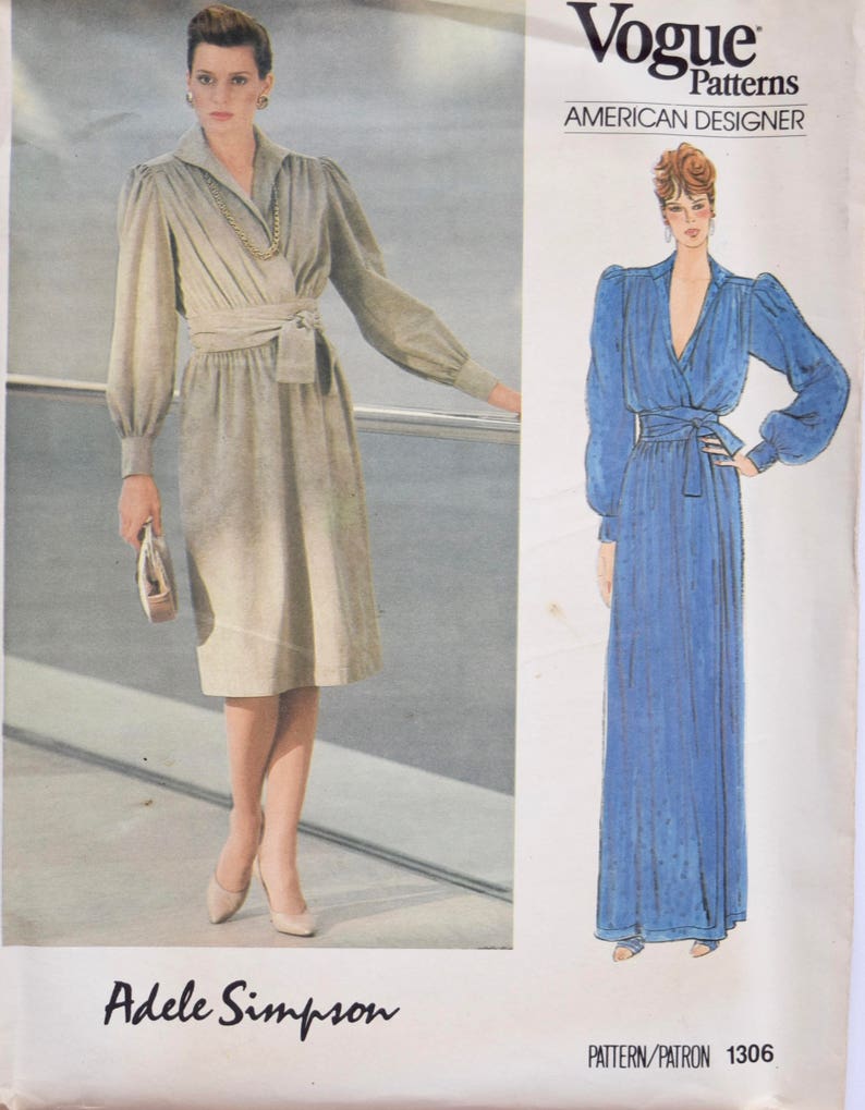 Adele Simpson Vogue 1306 American Designer Sewing Pattern 1980s Loose-Fitting Wrap Dress Two Lengths Waistband UNCUT Factory Folds Size 10 image 1