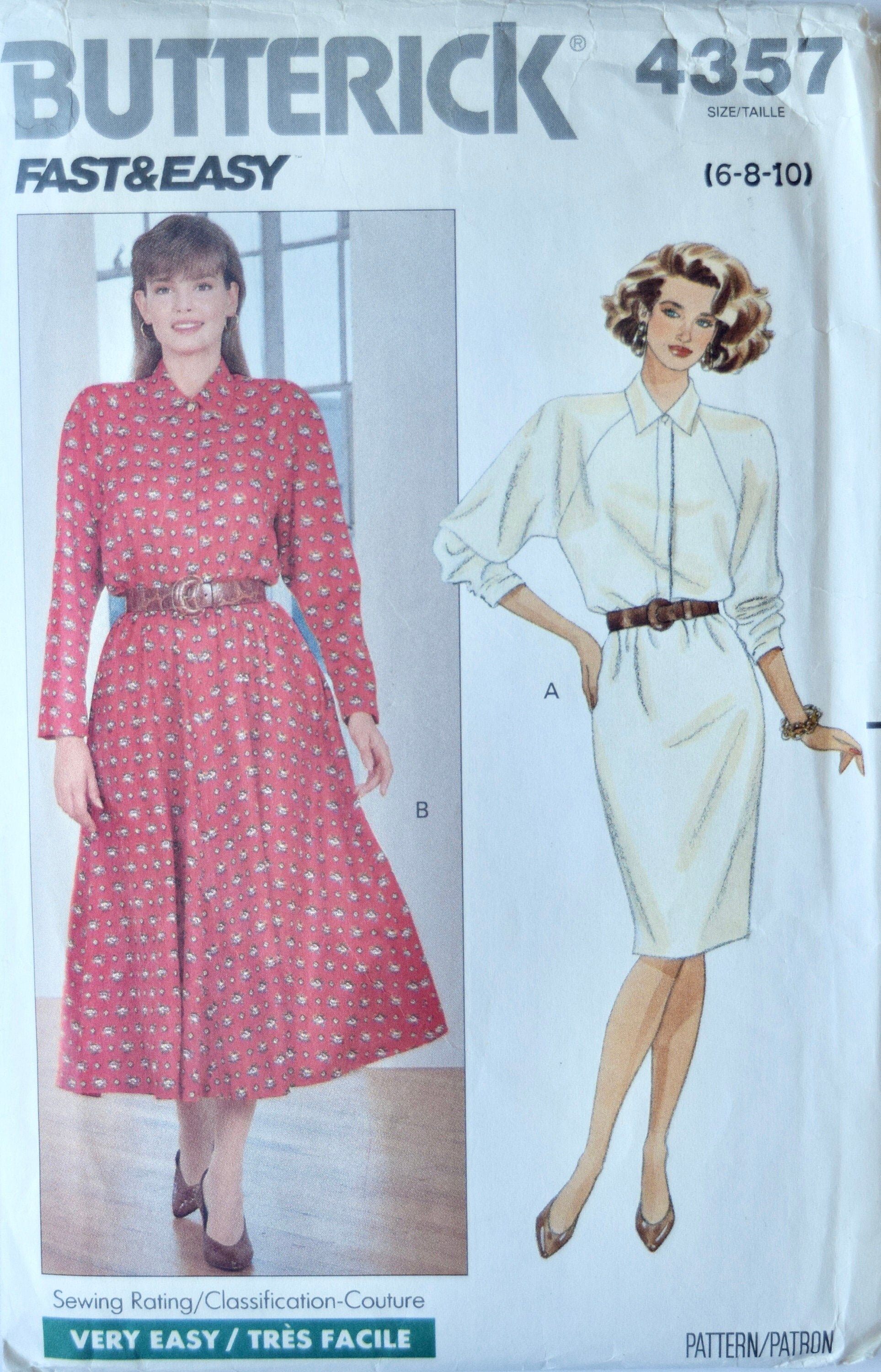 Butterick 4357 Vintage 1980's Sewing Pattern Misses' Loose Fitting Dress Shoulder Pads Straight or Flared Skirt 80s Style Sz 6-8-10