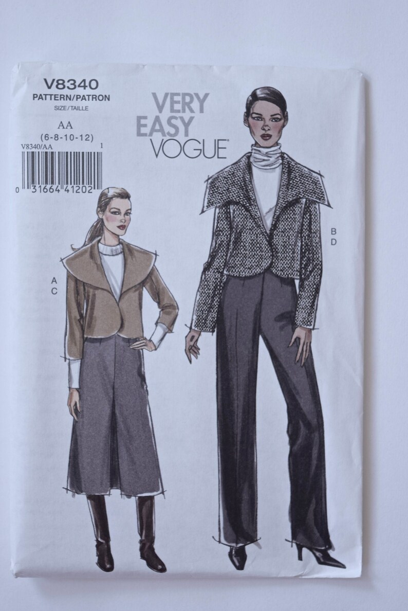 2006 Very Easy Vogue 8340 Sewing Pattern Misses' Unlined Jacket with Wide Collar Variations Pleated Skirt and Pants UNCUT FF Sizes 6-8-10-12 image 2