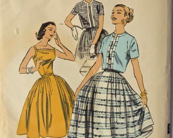 Vintage 1950s Sewing Pattern Advance 8003 Fit and Flare Dress Bateau Neckline Full Skirt Short Sleeve Jacket UNCUT FF Bust 30"